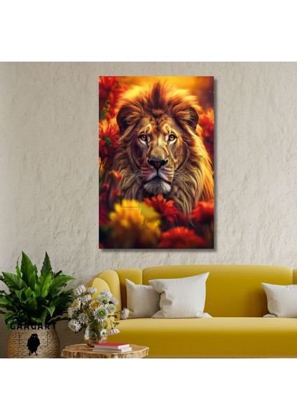 Tekli Dikey Kanvas Duvar Tablosu Sarı Kırmızı Dişi Aslan