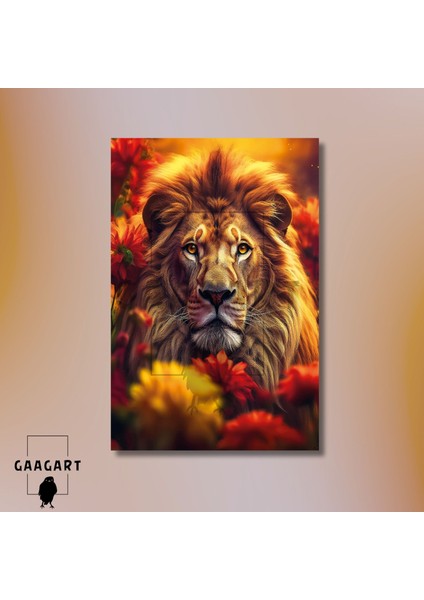 Tekli Dikey Kanvas Duvar Tablosu Sarı Kırmızı Dişi Aslan modelleri