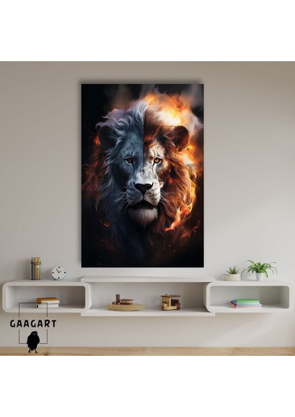 Tekli Dikey Kanvas Duvar Tablosu Beyaz Kırmızı Aslan Portresi