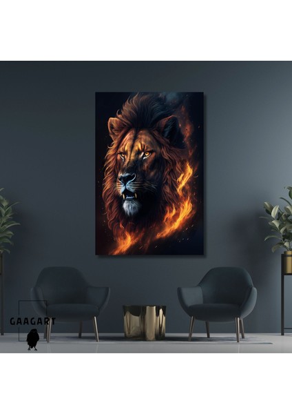 Tekli Dikey Kanvas Duvar Tablosu Alevli Yandan Aslan Portresi