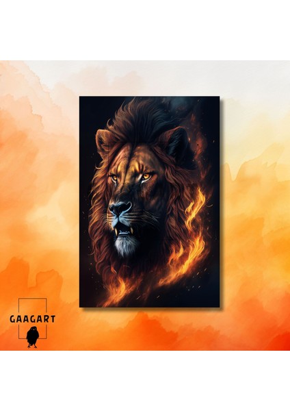 Tekli Dikey Kanvas Duvar Tablosu Alevli Yandan Aslan Portresi modelleri