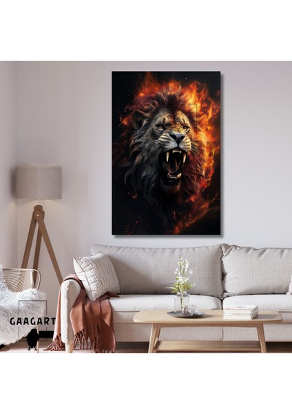 Tekli Dikey Kanvas Duvar Tablosu Alevli Kükreyen Aslan