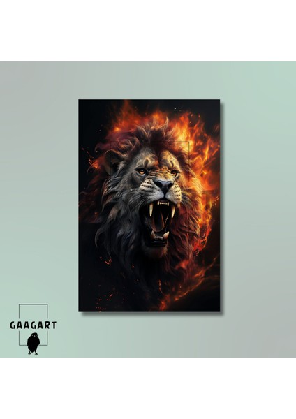 Tekli Dikey Kanvas Duvar Tablosu Alevli Kükreyen Aslan modelleri