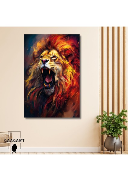 Tekli Dikey Kanvas Duvar Tablosu Sarı Kırmızı Aslan Portresi
