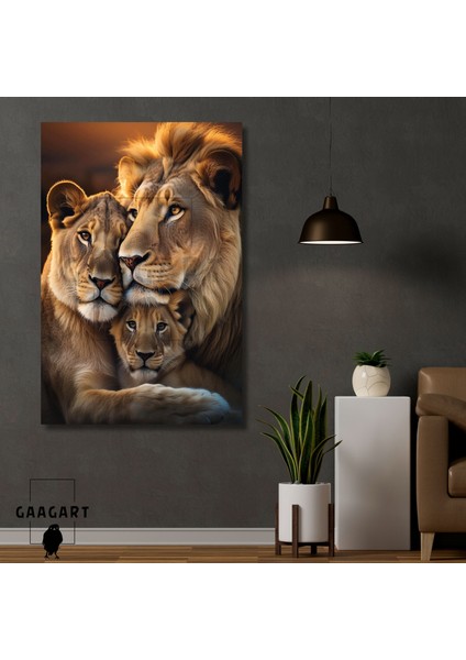 Tekli Dikey Kanvas Duvar Tablosu Sarılmış Aslan Ailesi