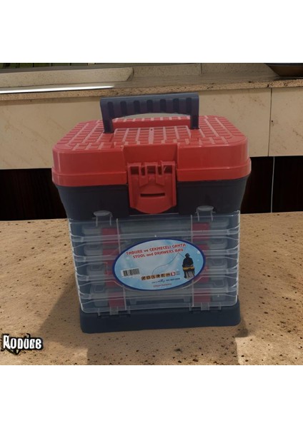Çok Fonksiyonel Takım Çantası Tabure ve Çekmeceli Çanta Özellikli Alet Çantası, Olta Çantası Kırmızı