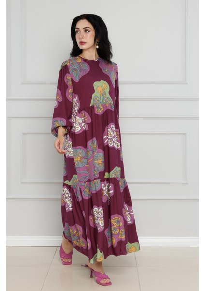 Desenli Kuşaklı Viscon Elbise-Bordo fiyatları