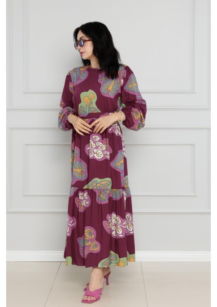 Desenli Kuşaklı Viscon Elbise-Bordo modelleri