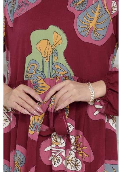 Desenli Kuşaklı Viscon Elbise-Bordo fırsatları