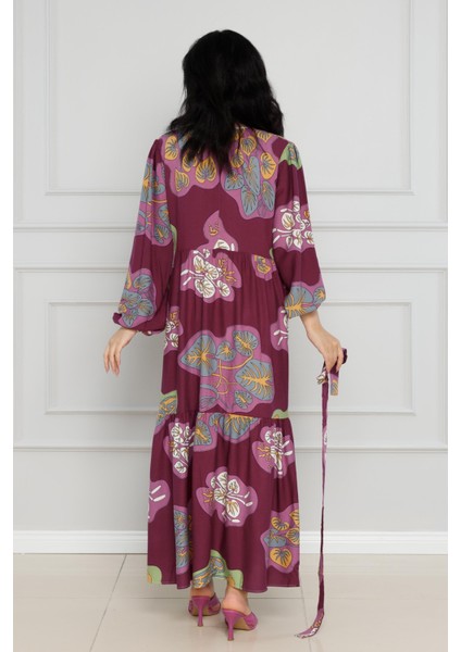 Desenli Kuşaklı Viscon Elbise-Bordo indirimleri
