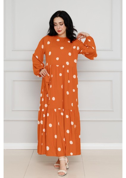 Puantiyeli Kuşaklı Eylül Elbise-Turuncu fiyatları