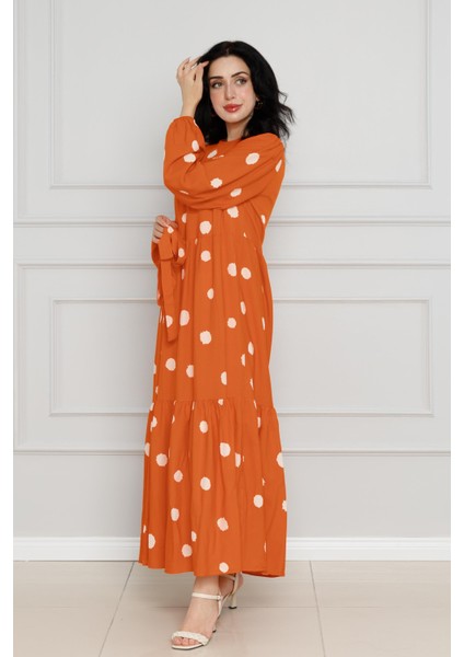 Puantiyeli Kuşaklı Eylül Elbise-Turuncu modelleri