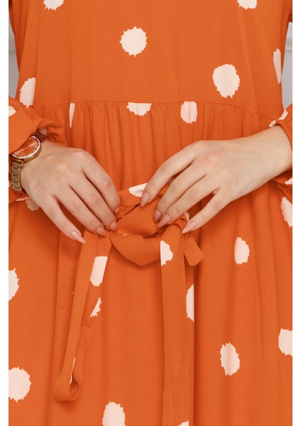Puantiyeli Kuşaklı Eylül Elbise-Turuncu fırsatları