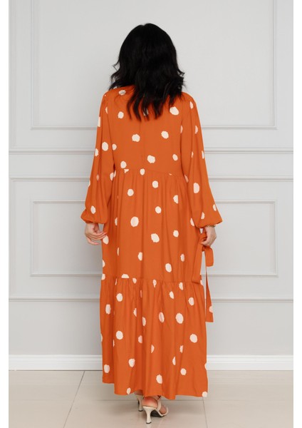 Puantiyeli Kuşaklı Eylül Elbise-Turuncu indirimleri
