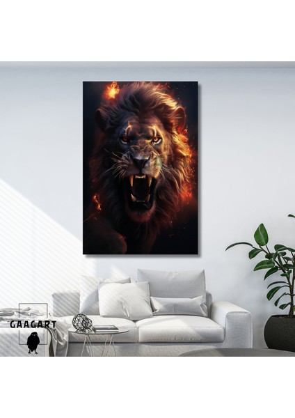 Tekli Dikey Kanvas Duvar Tablosu Turuncu Kırmızı Kükreyen Aslan