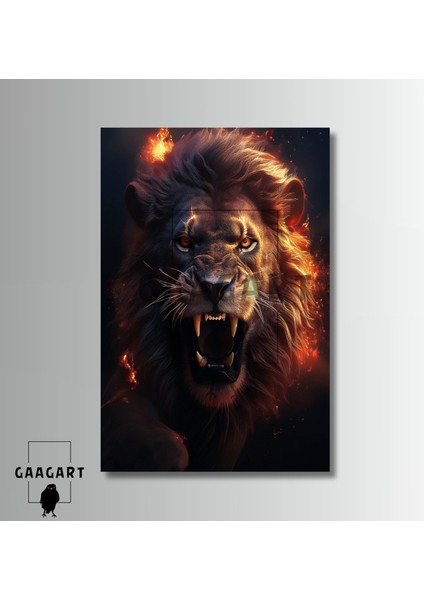 Tekli Dikey Kanvas Duvar Tablosu Turuncu Kırmızı Kükreyen Aslan modelleri