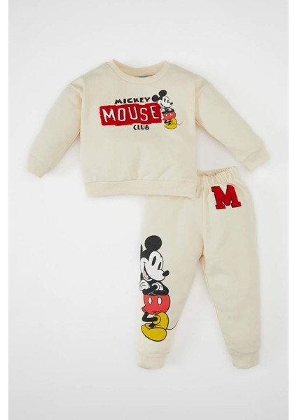 Erkek Bebek 2'li Takım Disney Mickey & Minnie Bisiklet Yaka Sweatshirt Üst Beli Lastikli Jogger Eşofman Altı D1890A524AU