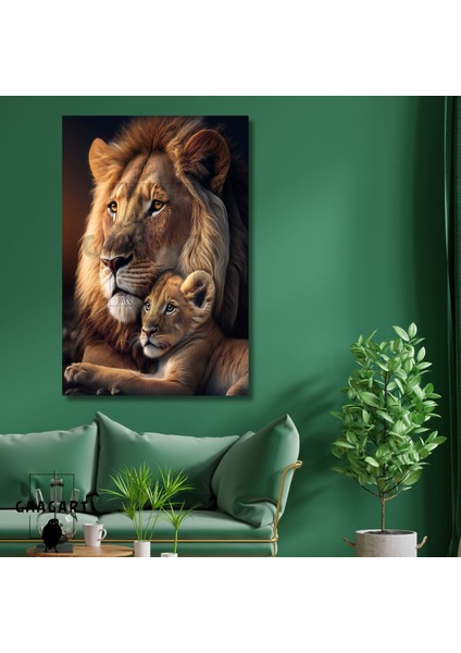 Tekli Dikey Kanvas Duvar Tablosu Yan Açı Anne ve Yavru Aslan
