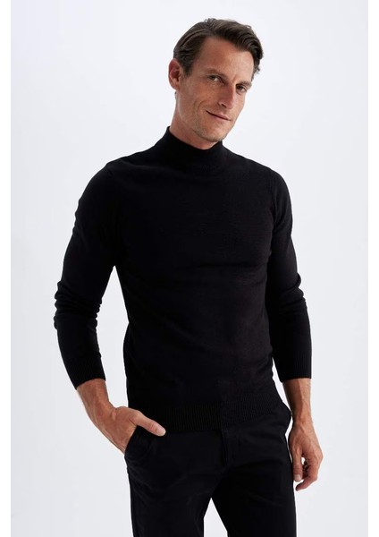 Slim Fit Balıkçı Yaka Kazak Black