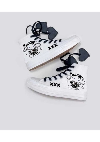 Siyah Kalp Bağcık Cinamos Baskılı Keten Çocuk Spor Ayakkabı Sneaker