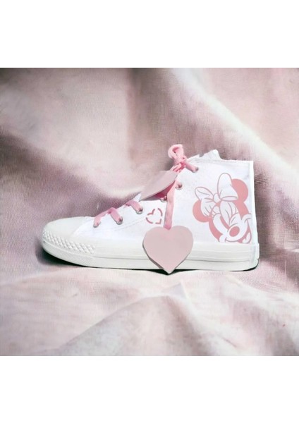 Pembe Kalp Bağcık Minik Kız Fare Baskılı Keten Çocuk Spor Ayakkabı Sneaker
