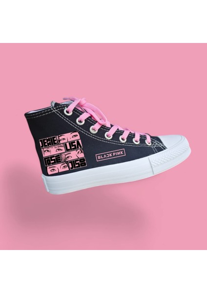 Karekare Blacpink Baskılı Siyah Keten Çocuk Spor Ayakkabı Sneaker