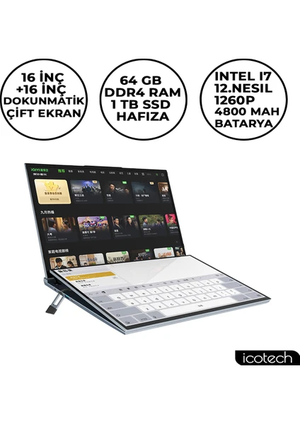 DS16 Plus 16+ 16 Inç I7 12.nesil 64GB Ram 1 Tb SSD Çift Ekranlı Dokunmatik Laptop Dizüstü Bilgisayar