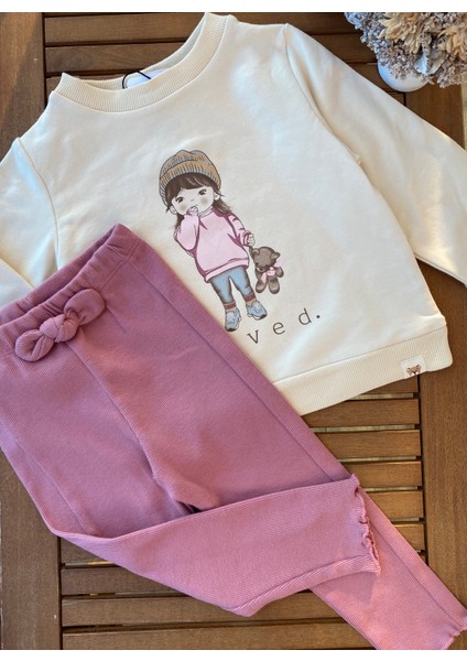 Babyaden Loved Kaşkorse Pamuklu Şardonsuz Sweat ve Taytlı Kız Çocuk Bebek Takım