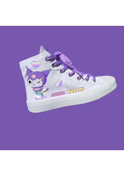 Mor Yürüyüş Melodik Baskılı Beyaz Keten Çocuk Spor Ayakkabı Sneaker