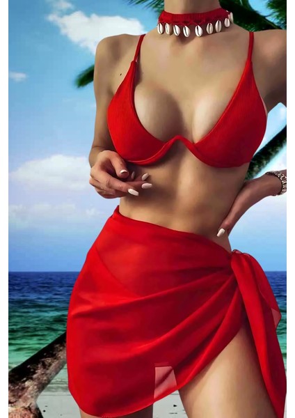 Kısa Tül Yazlık Mayo Üstüne 3'lü Siyah-Kırmızı-Beyaz Pareo modelleri