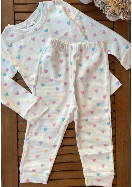 Babyaden Renkli Kalp Baskılı Pamuklu Mevsimlik Uzun Kollu Kız Çocuk Bebek Pijama Takımı