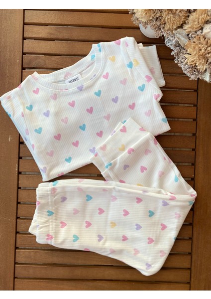 Babyaden Renkli Kalp Baskılı Pamuklu Mevsimlik Uzun Kollu Kız Çocuk Bebek Pijama Takımı