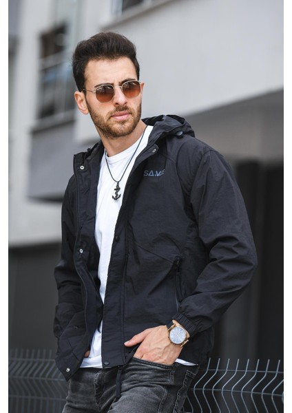 Save Baskılı Suya Dayanaklı Slim Fit Erkek Mevsimlik Mont Yağmurluk