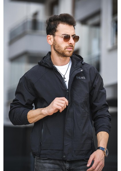 Save Baskılı Suya Dayanaklı Slim Fit Erkek Mevsimlik Mont Yağmurluk