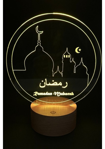 Akrilik Ramadan Mubarak Figürlü Dekoratif LED Masa Lambası | 7 Işık Rengi | Ahşap Taban Ener