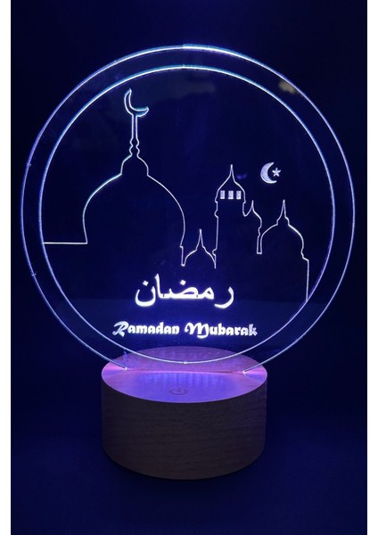 Akrilik Ramadan Mubarak Figürlü Dekoratif LED Masa Lambası | 7 Işık Rengi | Ahşap Taban Ener