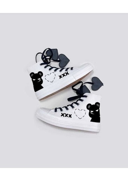 Kalp Bağcık Gece Ayıcığı Baskılı Keten Çocuk Spor Ayakkabı Sneaker