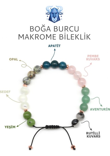 Boğa Burcu Taşlarından Oluşan Doğal Taş Makrome Bileklik 8 mm Küre Kesim - Burç Bilekliği