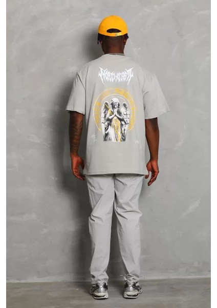 Oversize Baskılı Bisiklet Yaka T-Shirt - Gri
