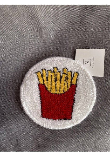 Punch Bardak Altlığı Çift Taraflı French Fries Desenli Yuvarlak Formlu Beyaz