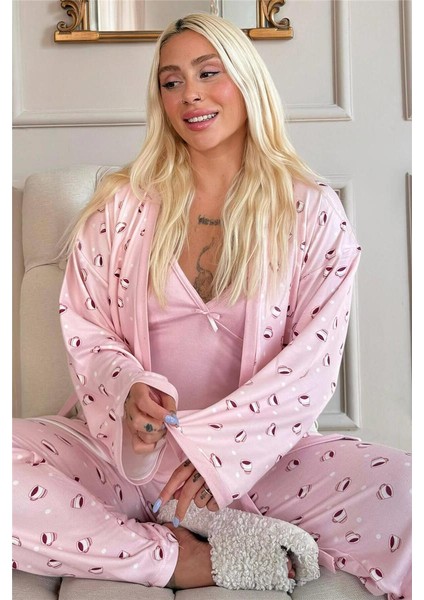 Somon Coffe Desenli Termal Sabahlıklı Kadın Pijama Takımı