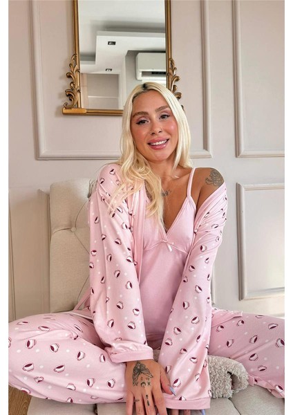 Somon Coffe Desenli Termal Sabahlıklı Kadın Pijama Takımı