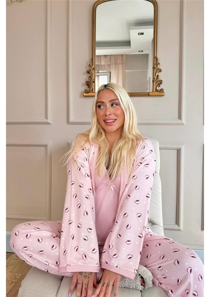 Somon Coffe Desenli Termal Sabahlıklı Kadın Pijama Takımı