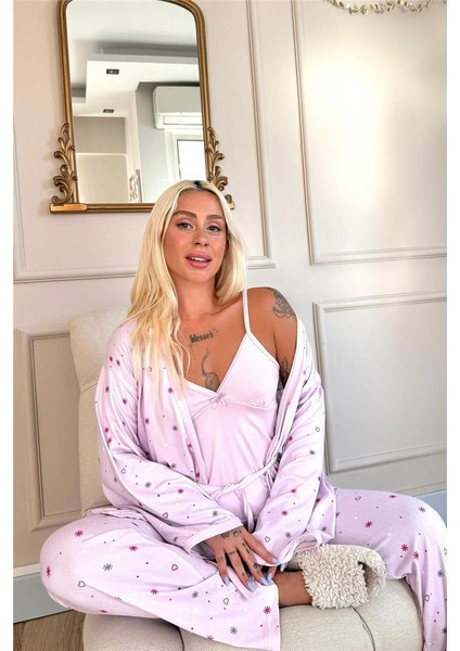 Lila Lot Desenli Termal Sabahlıklı Kadın Pijama Takımı