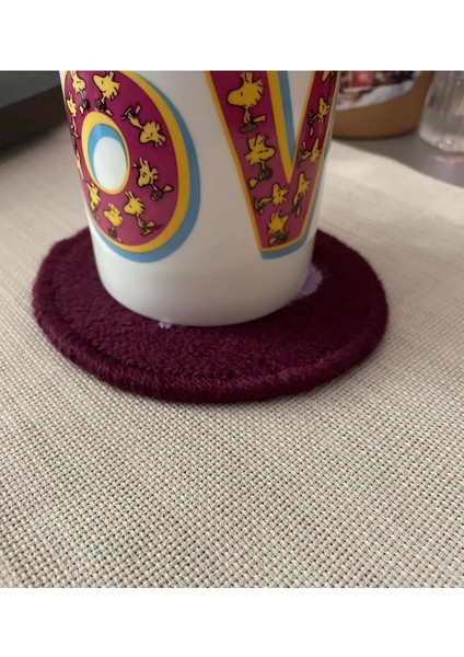 Punch Bardak Altlığı Çift Taraflı Kalp Göz Desenli Yuvarlak Formlu Bordo