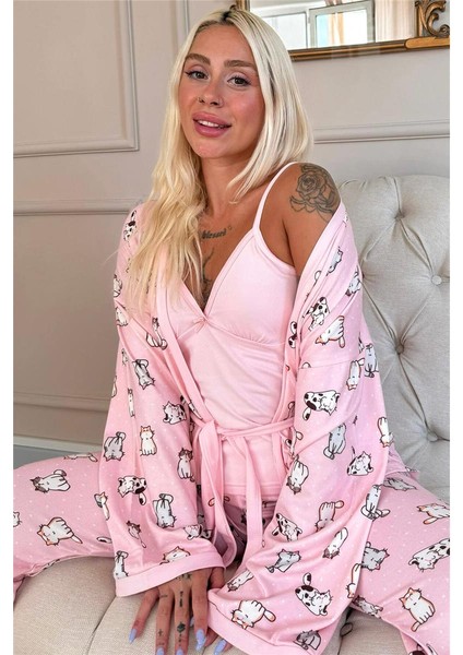 Pembe Cats Desenli Termal Sabahlıklı Kadın Pijama Takımı