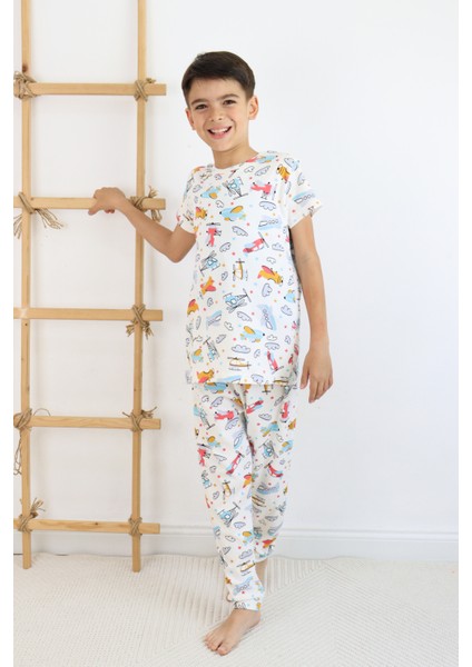 Erkek Çocuk Baskılı Pamuklu Penye Kumaş Pijama Takımı