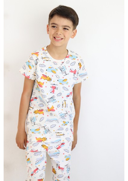 Erkek Çocuk Baskılı Pamuklu Penye Kumaş Pijama Takımı modelleri