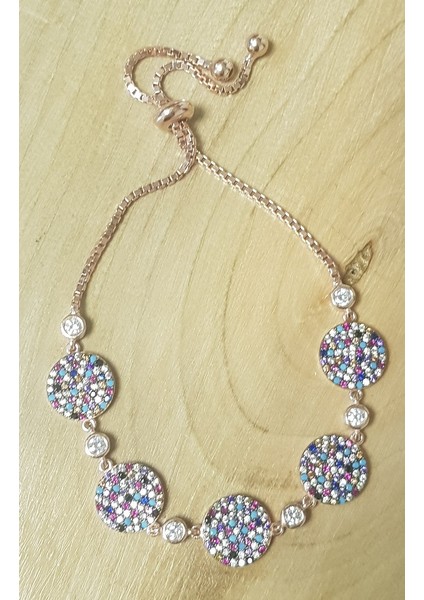 Yuvarlak Renkli Taşlı Asansörlü Gümüş Bileklik