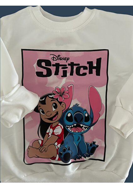 Patriko Tekstil Stitch Karakter Baskılı Beyaz Sweatshirt Lila Renk Tayt Kız Çocuk Takım